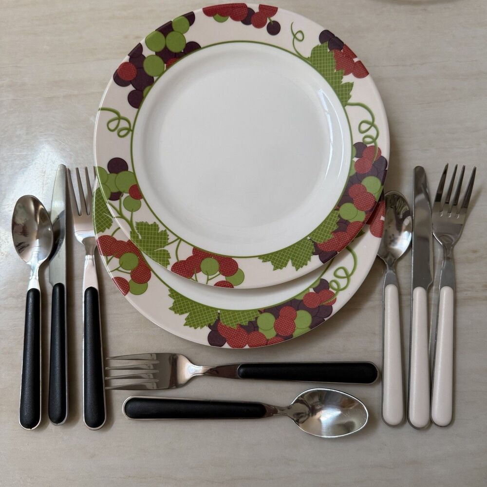 Picnic Time Plates & Flatware Set 10pc Grape Vine Pattern Stainless Black/Cream